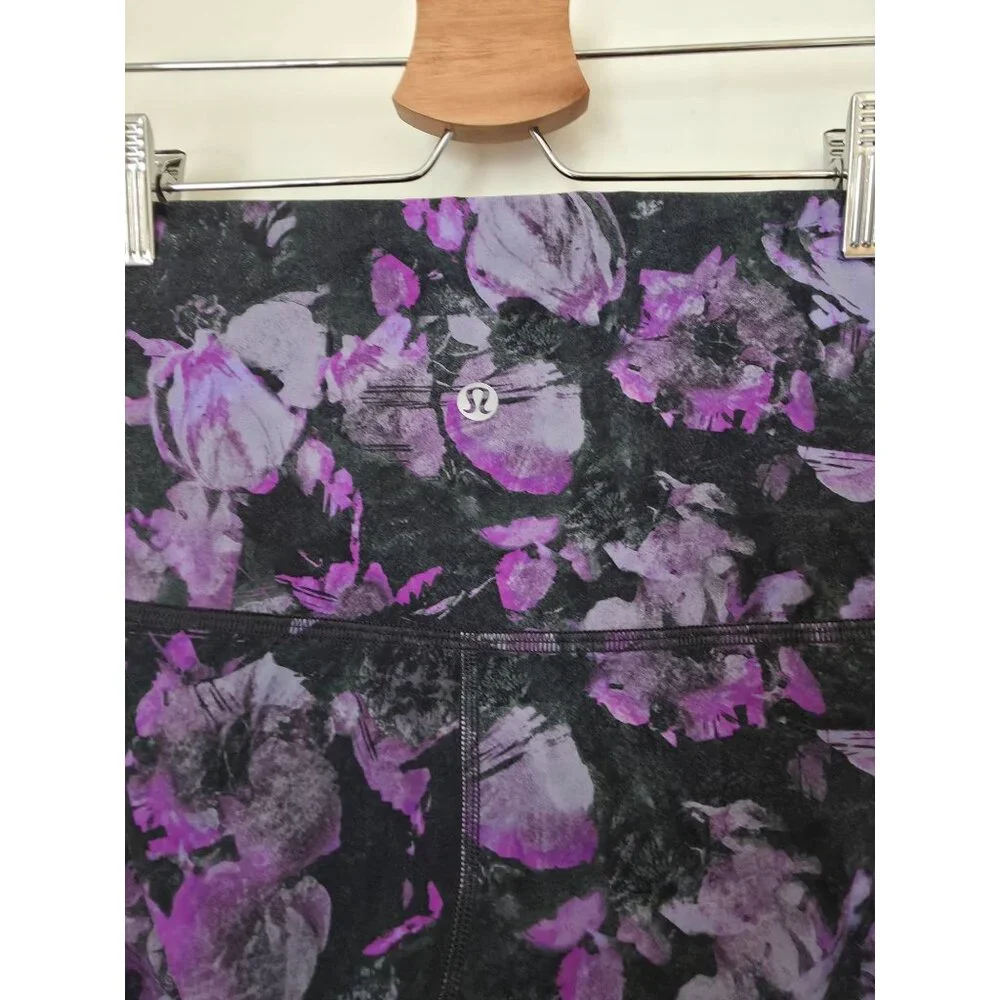 Lululemon Fast & Free Black & Purple Floral Print Athletic Leggings Women's Sz 2 - Picture 5 of 8